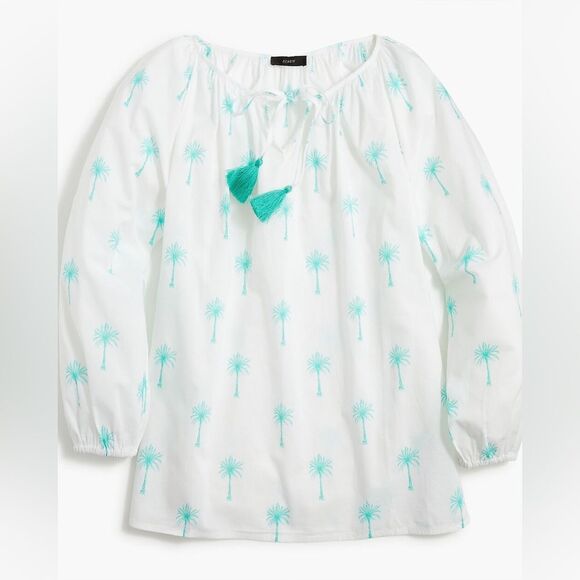 J. Crew White and Green Palm Tree Print Blouse - Picture 1 of 5
